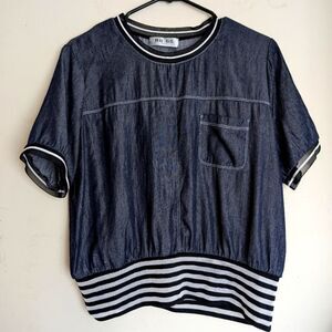 Unique Silk denim look striped shirt sleeve top size M
